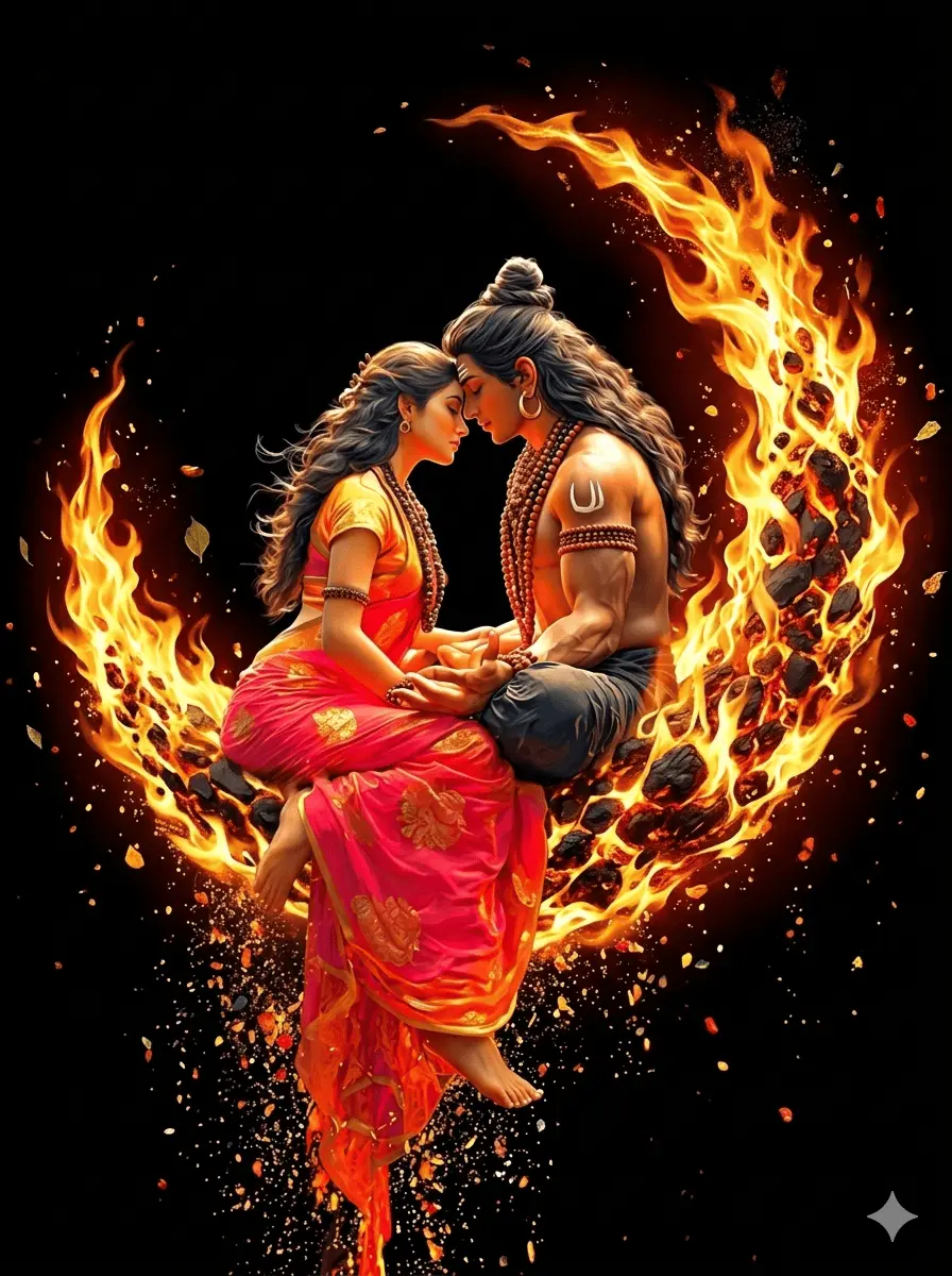 "A deeply emotional and striking depiction of Lord Shiva and Goddess Parvati sharing an intimate moment of cosmic love. Encircled by a dramatic crescent of brilliant orange flames and glowing embers, the divine couple rests together in absolute peace. A powerful, long-haired Lord Shiva sits in a calm meditative posture adorned with sacred rudraksha beads, while Goddess Parvati leans affectionately against him, their foreheads gently touching. Clad in a vibrant pink and orange traditional saree, her presence perfectly balances his raw spiritual energy as sparks dance beautifully against the dark, mystical backdrop."