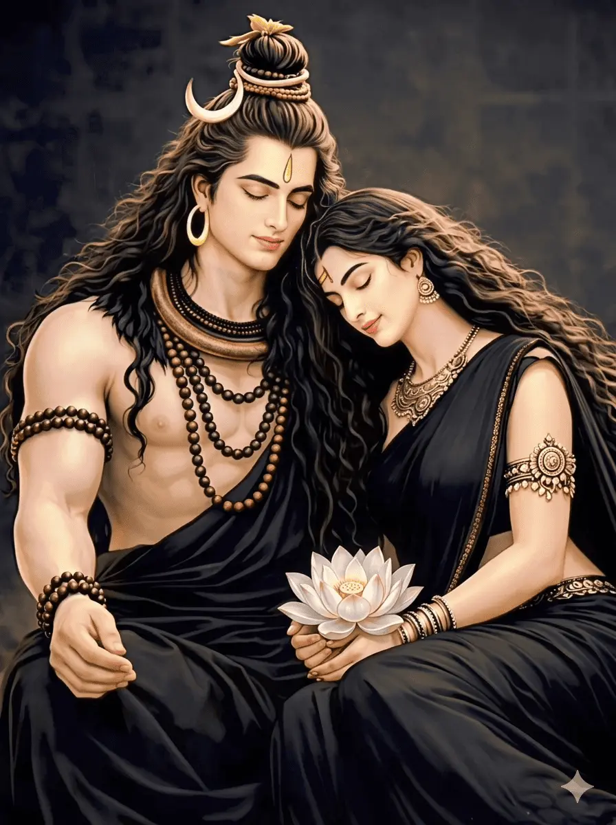 A beautiful and peaceful digital artwork of Lord Shiva and Mata Parvati sitting together in elegant black clothes. Mata Parvati is gently resting her head on Shiva's shoulder while they both hold a white lotus flower together. Lord Shiva has long wavy hair, a crescent moon, and rudraksha beads, creating a calm and divine atmosphere. AI Generated
