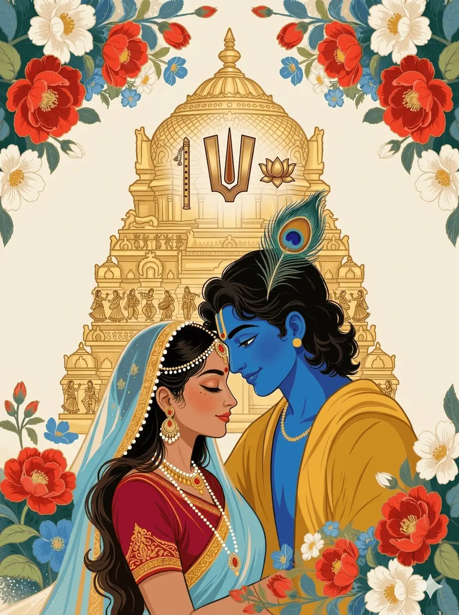 A beautiful and traditional digital painting of Radha and Krishna standing close together in front of a big golden temple. Lord Krishna is smiling gently with a peacock feather in his hair, while Radha looks very graceful with her eyes closed. The whole image is surrounded by lovely red and white flowers on the corners. AI Generated
