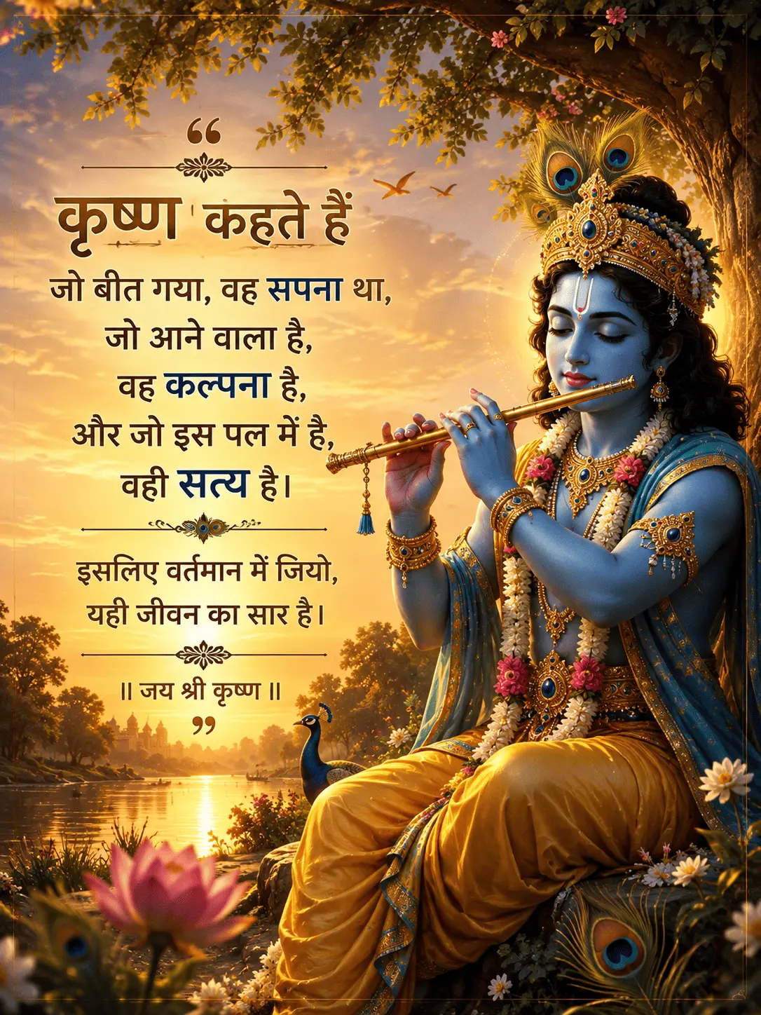 Janmashtami ki ek behad khubsoorat digital painting, jismein sunehre sunset ke samay Lord Krishna ek nadi ke kinare bade ped ke neeche baithkar bansi baja rahe hain. Unhone mor-pankh ka mukut aur peele-neele rang ka parmparik pehnawa pehna hai. Unke pairon ke paas ek mor khada hai aur nadi ke paani mein gulabi kamal khile hain. Left side par ek bade box mein Hindi mein ek suvichar likha hai: