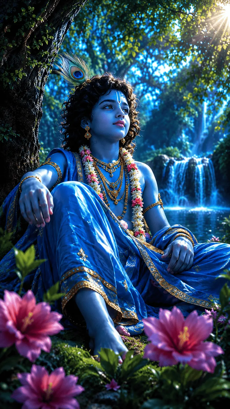 A beautiful painting of young Lord Krishna resting under a tree in a sunlit forest, surrounded by pink flowers and a waterfall in the background.