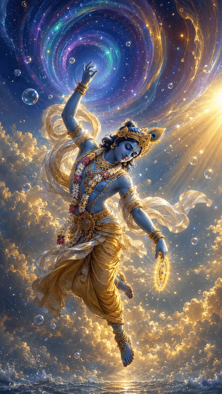 Lord Krishna with a golden crown and Sudarshana Chakra dancing in the sky, surrounded by a swirling galaxy vortex and sunbeams.