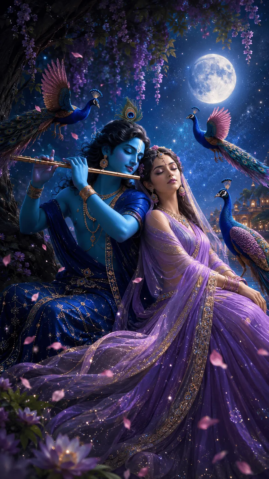 A beautiful Janmashtami night scene showing Lord Krishna peacefully playing his golden flute while Radha gently rests her head on his shoulder with her eyes closed. Radha wears a lovely purple lehenga with golden embroidery and a delicate veil. Beautiful peacocks, hanging purple flowers, and glowing lotus flowers surround them. A bright full moon shines in the deep blue starry sky, with a beautifully lit palace in the distance, creating a peaceful and divine atmosphere.