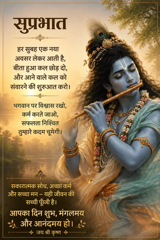 A sunlit morning poster with a peaceful Lord Krishna on the right, playing his golden flute. He has blue skin, dark wavy hair, and a peacock feather in his crown. The left side features motivational Hindi text like "Suprabhat" with quotes about karma and positive thinking.