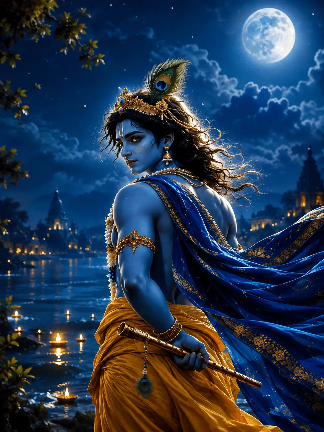 Lord Krishna looking back over his shoulder on a quiet, holy night. He has blue skin, dark wavy hair, and a peacock feather tucked into his golden crown. He's wearing a yellow dhoti with a flowing blue cape. Behind him, a massive full moon shines over a river ghat, where glowing diyas float in the water with old temples sitting in the distance.