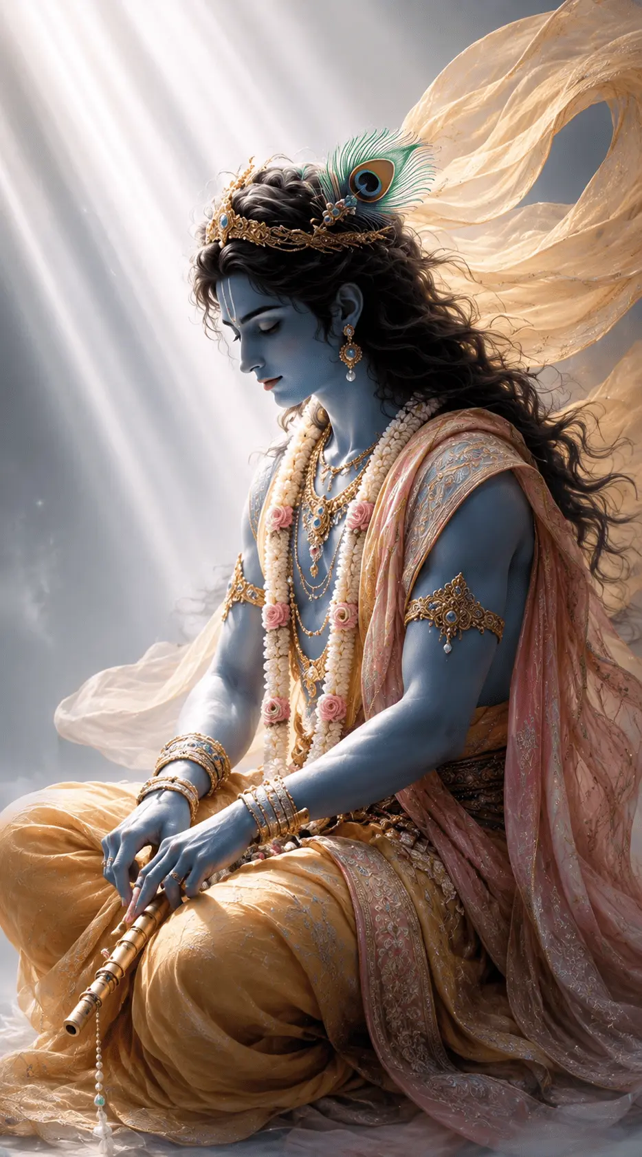 A beautiful and serene illustration of Lord Krishna sitting in a peaceful meditative pose for Janmashtami. He has soft blue skin and long, wavy dark hair adorned with a golden crown and his iconic peacock feather. He is dressed in elegant yellow and peach drapes, complemented by intricate golden necklaces and jewelry. In his hands, he gently holds his golden flute, while beams of divine celestial light shine down from above, wrapping the entire scene in a spiritual glow."