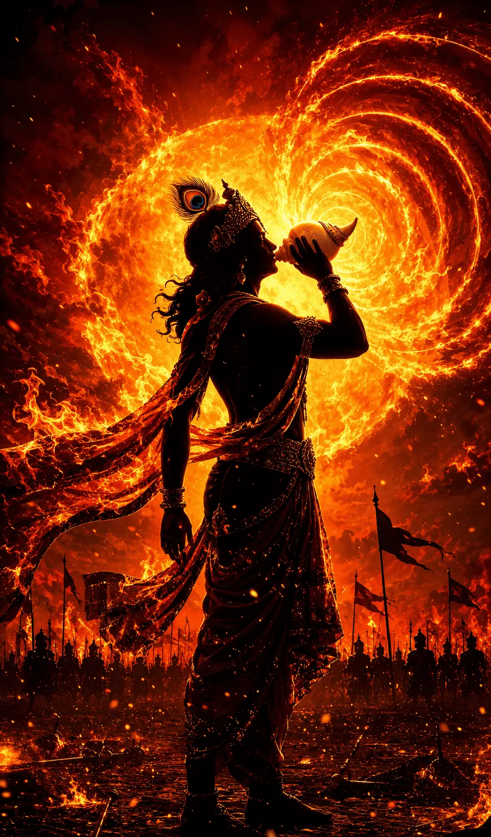 "A striking and powerful artwork showcasing the dark silhouette of Lord Krishna standing on the battlefield of Kurukshetra. He is captured in a commanding pose, blowing his divine conch shell, Panchajanya, to sound the onset of war. Behind him, a massive, swirling sun made of raging fire and intense flames lights up the sky, casting a dramatic glow that defines his form and catches the iconic peacock feather on his crown. Below in the hazy distance, the silhouettes of army troops and fluttering battle flags stand amidst flying sparks and smoke."