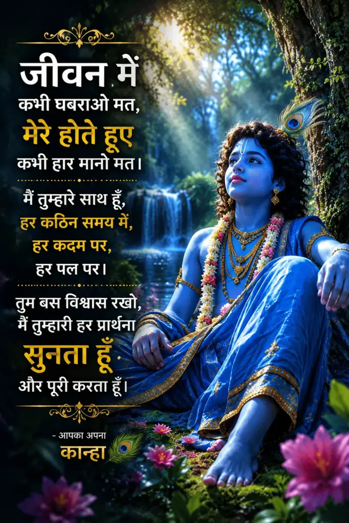 Devotional image of little Lord Krishna with a peacock feather in his hair, accompanied by an inspirational Hindi message about never giving up.