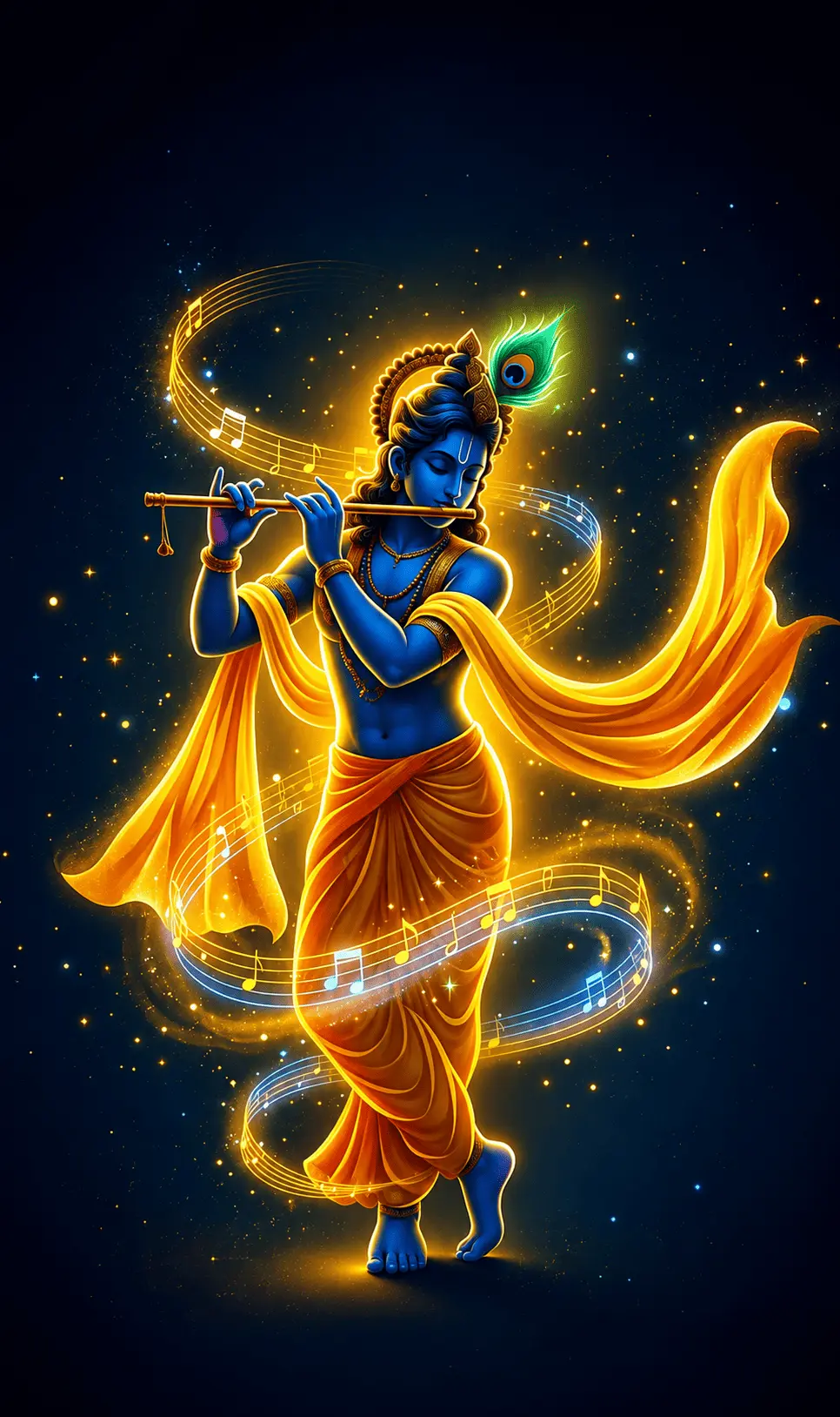 "Lord Krishna dancing gracefully while playing his golden flute. He has deep blue skin and wears a beautiful golden crown with a peacock feather. Bright yellow and orange clothes flow around him, surrounded by glowing golden musical notes. The entire scene shines against a dark, starry night sky."