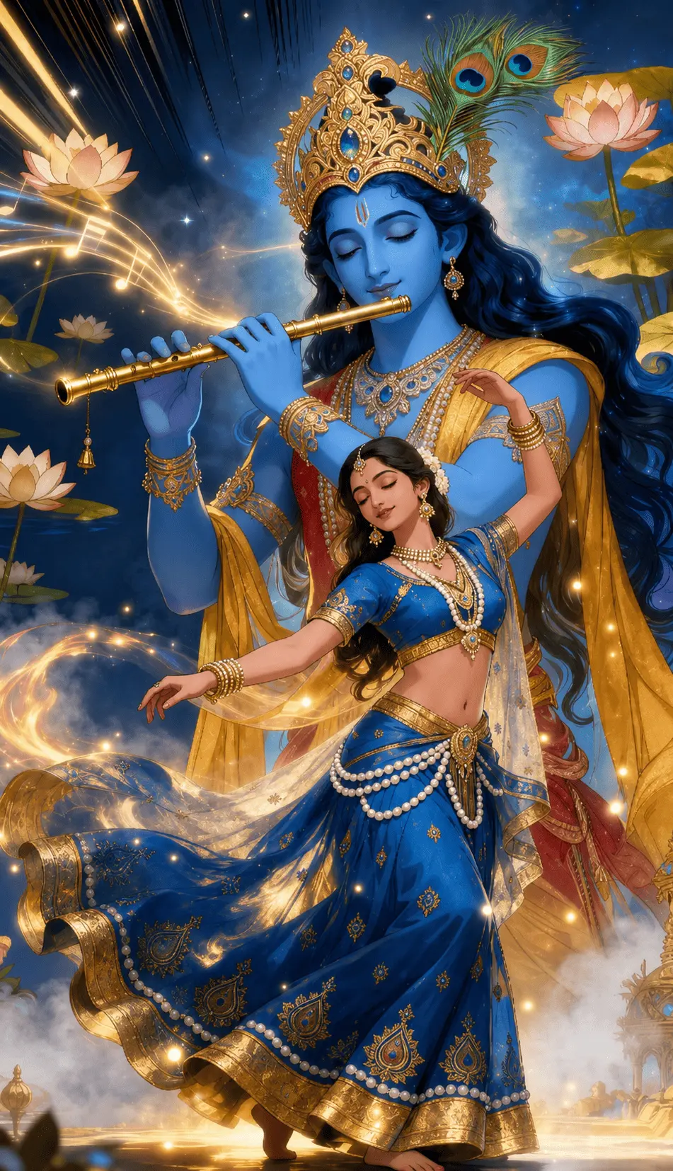 A beautiful Janmashtami scene featuring Lord Krishna in the background, peacefully playing his golden flute with his eyes closed. He wears a golden crown with a peacock feather and a bright yellow outfit. In front of him, Radha is gracefully dancing in a beautiful blue and golden lehenga with pearl jewelry. Soft glowing musical notes float around them, with pink lotus flowers on both sides. The scene has magical clouds and a beautiful starry blue background, creating a peaceful and divine festive atmosphere.