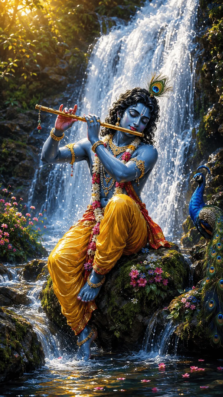 Lord Krishna sitting on a mossy rock by a beautiful waterfall, playing his golden flute. He has blue skin and is wearing a vibrant yellow dhoti with traditional jewelry. A peacock stands right next to him, surrounded by lush greenery and pretty pink flowers.
