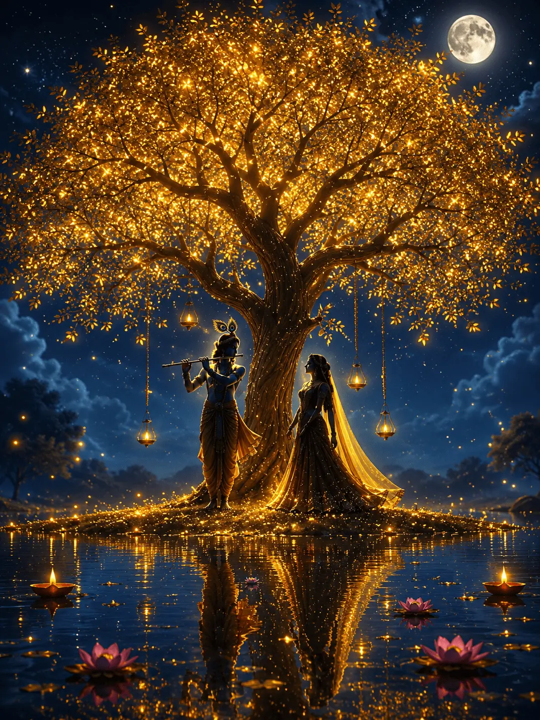 "A beautiful Janmashtami digital painting of Lord Krishna playing the flute with Radha standing gracefully by his side. They are under a massive, glowing golden tree adorned with sparkling lights and hanging lanterns on a small island. The serene scene features a starry night sky with a full moon, reflecting perfectly on the water filled with floating lotuses and glowing diyas."
