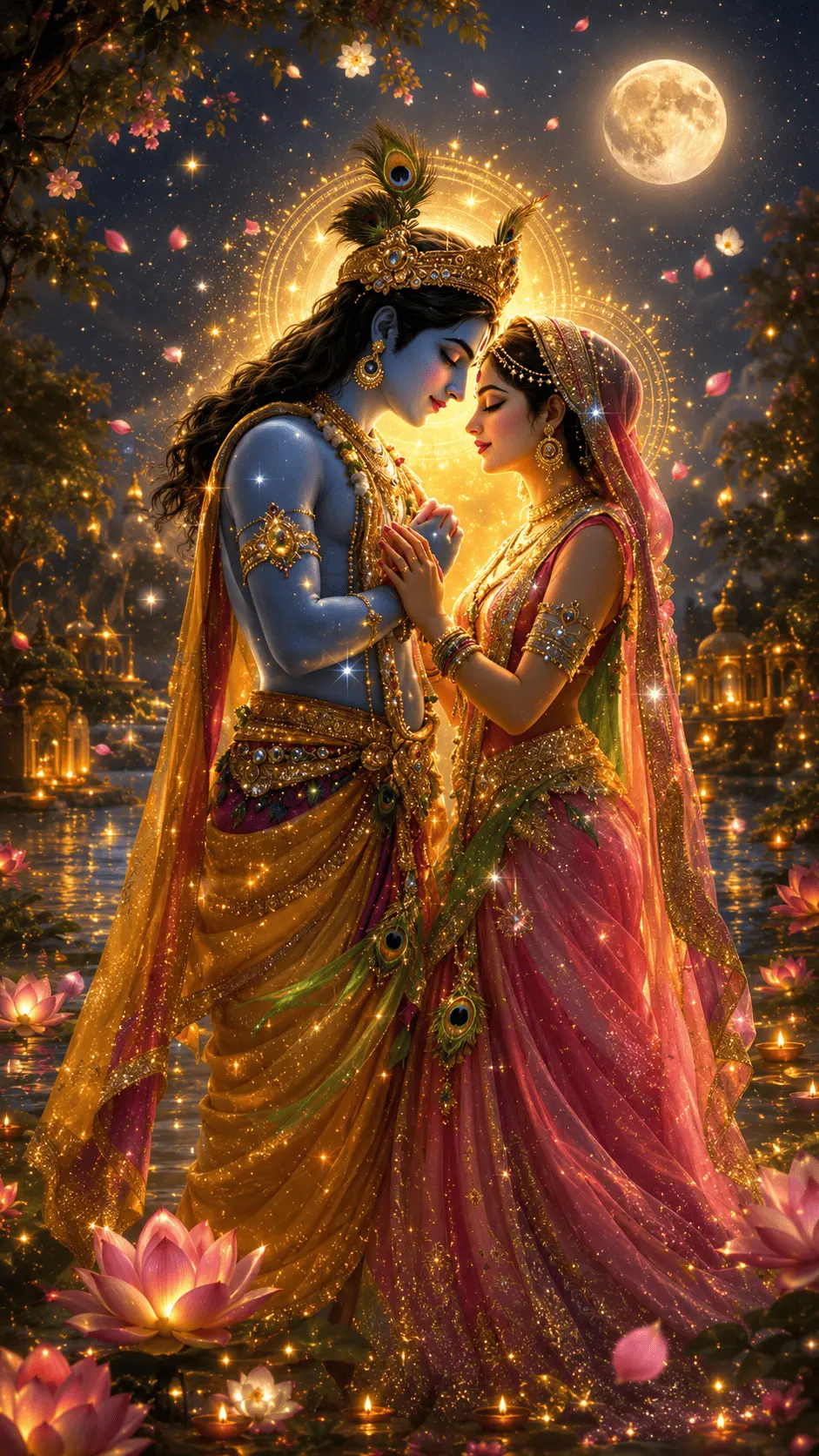 "Ek sundar digital artwork jismein Lord Krishna bansi baja rahe hain aur Radha ji unke paas khade hain. Dono ek glowing sunehre ped ke neeche hain aur aas-paas paani mein diye aur lotus tair rahe hain."