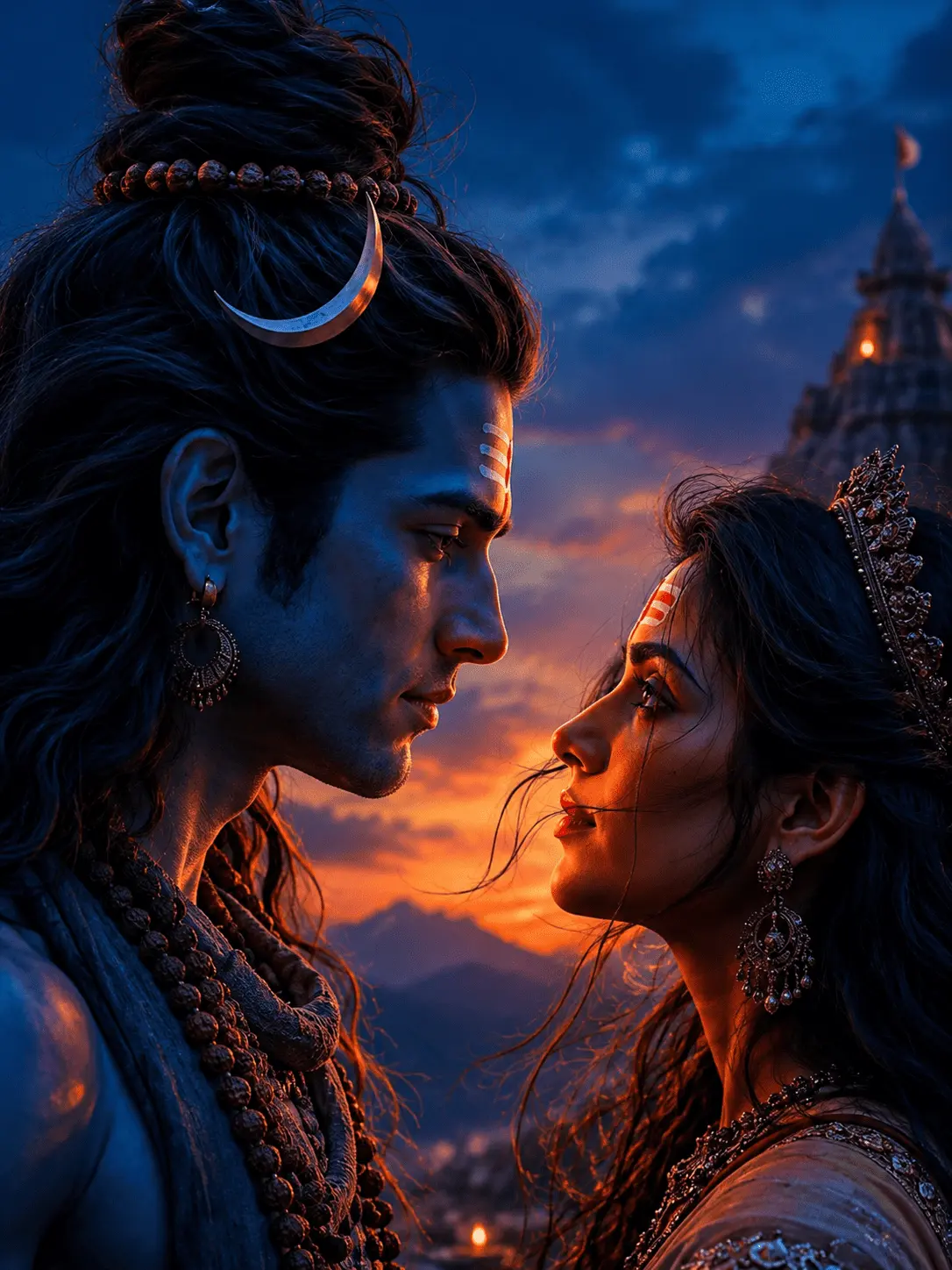 Lord Shiva aur Mata Parvati ek dusre ki taraf dekh rahe hain. Background mein ek sundar sunset ho raha hai aur ek mandir ka shikhar dikh raha hai.