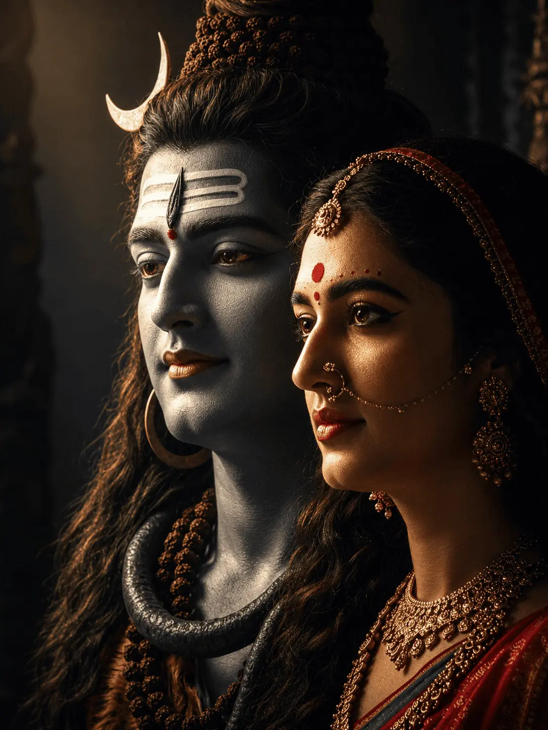 Lord Shiva and Goddess Parvati standing side-by-side. Lord Shiva is shown in a detailed side profile with blue skin, matted hair holding a crescent moon, a third eye on his forehead, a snake around his neck, and wearing rudraksha beads. Next to him, Goddess Parvati is dressed in a traditional red bridal outfit with elegant gold jewelry.