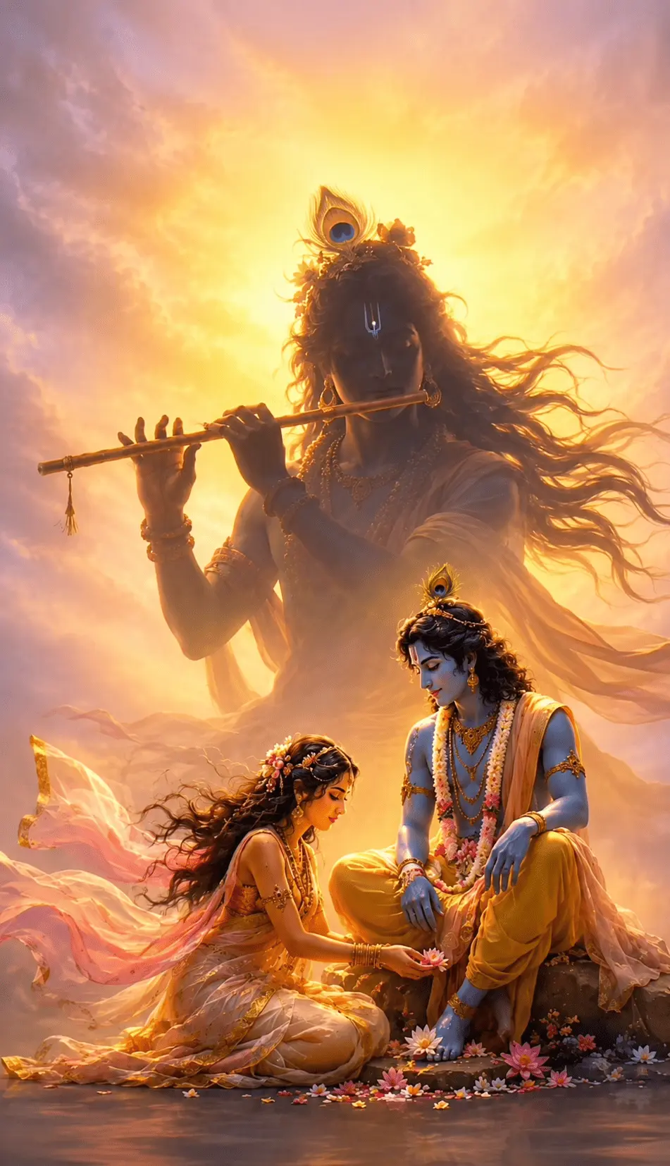 "A beautiful and deeply spiritual illustration capturing the eternal, divine love of Radha and Krishna for Janmashtami. In a serene water setting filled with blooming pink lotus flowers, Radha is kneeling gracefully near Krishna's feet. Krishna sits calmly, dressed in his traditional yellow attire. The horizon behind them glows with a warm, golden sunlight and soft clouds, while a massive, translucent silhouette of Krishna playing the flute emerges beautifully in the sky, filling the entire scene with a divine presence."