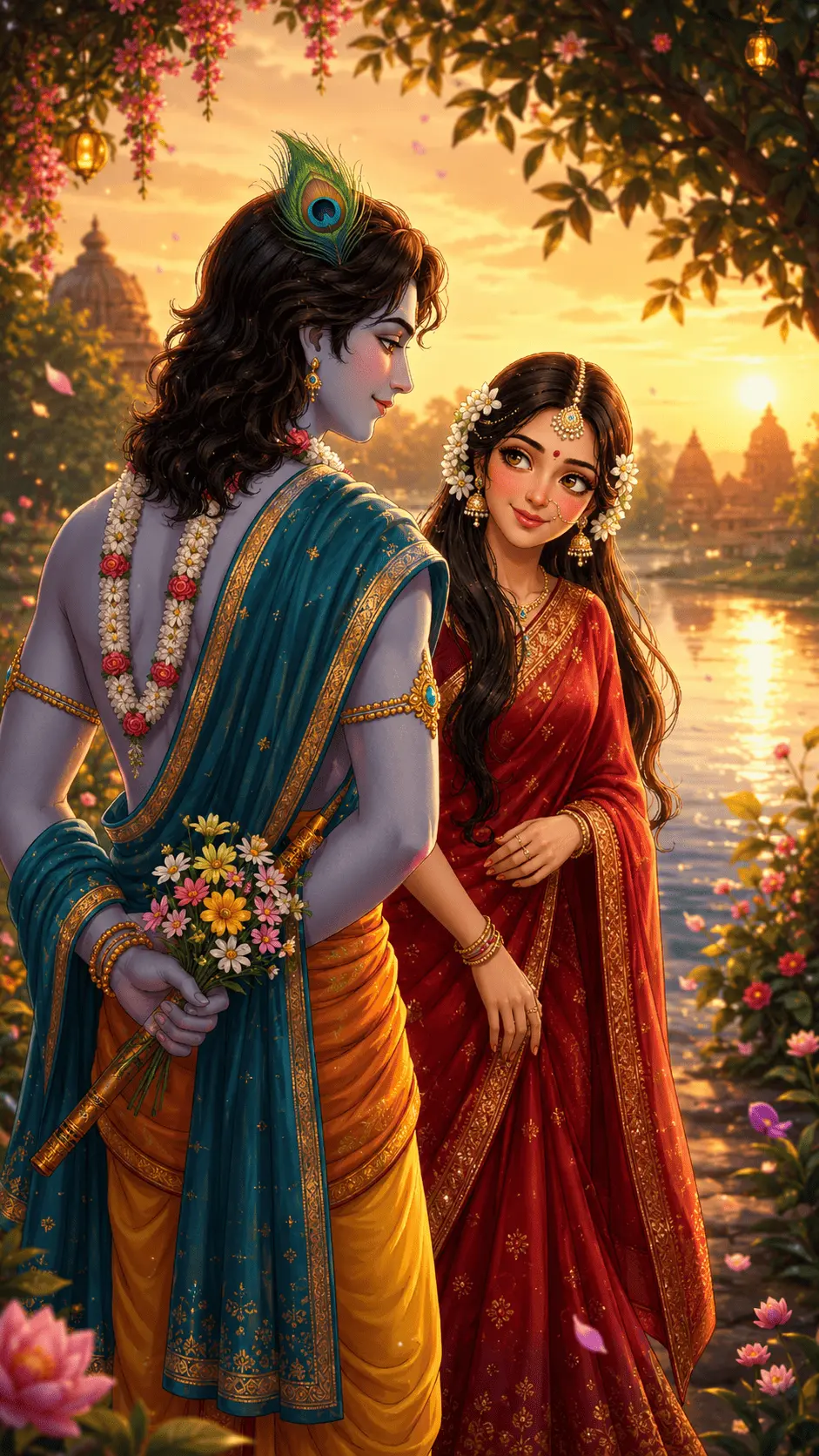 A beautiful digital illustration of Radha and Krishna standing together by a river at sunset. Lord Krishna, with blue skin and a peacock feather in his hair, holds a bouquet of flowers behind his back. Radha, wearing a beautiful red and gold saree with elegant jewelry, looks at him lovingly. The background features a golden sunset, a river, distant temples, and blooming flowers