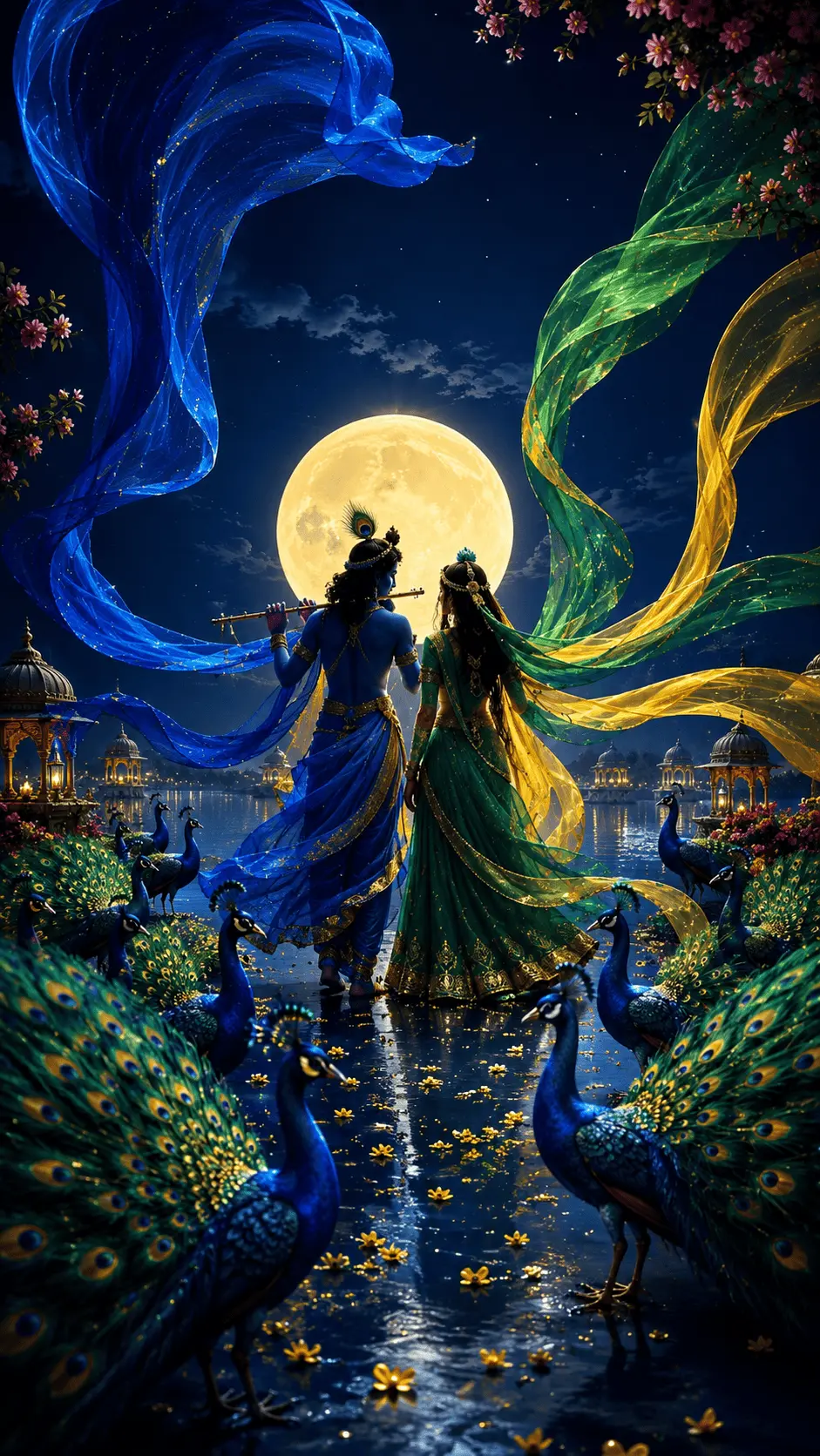 Radha and Lord Krishna seen from behind, standing together under a massive, glowing full moon. Krishna is holding his flute, and their bright dhotis and odhnis—in beautiful shades of see-through blue, green, and yellow—are floating high into the night sky. Beautiful peacocks with their feathers wide open stand along a watery path covered in golden flowers, with brightly lit palaces shining in the far distance.