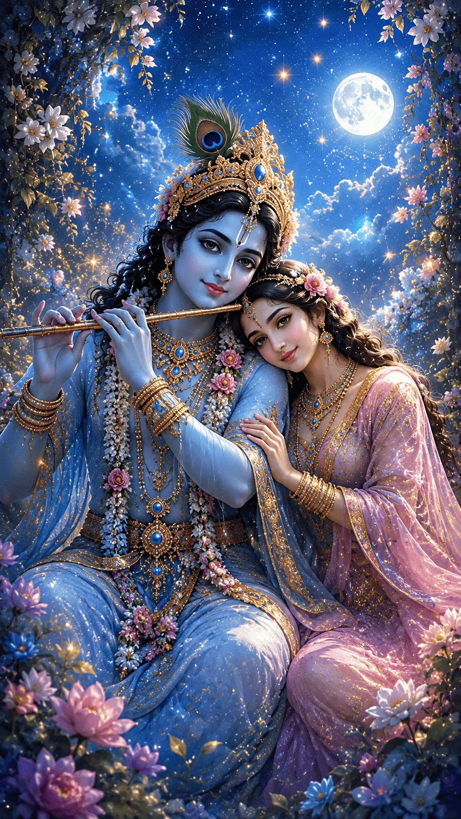Purnima ki chandni raat me ek-dusre ke paas baithe Radha aur Krishna ka sundar digital art. Blue skin wale Krishna ji sar par morpankh lagaye aur hath me flute liye hain, aur Radha ji unke kandhe par sir tikaye pink-gold lehenga me bohot pyari lag rahi hain. Aaspaas khile lotus aur trees is scene ko ekdum shant aur divya bana rahe hain.