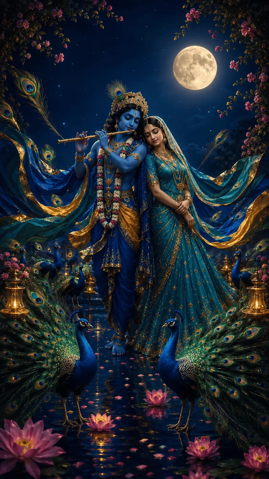 Radha and Krishna standing together under a gorgeous full moon, with Krishna playing his flute and Radha leaning gently on his shoulder. They’re both wearing matching deep blue and teal traditional outfits with gold work. The whole vibe is magical, with peacocks spreading their feathers, glowing lotuses in the water, and flowers hanging all around them.