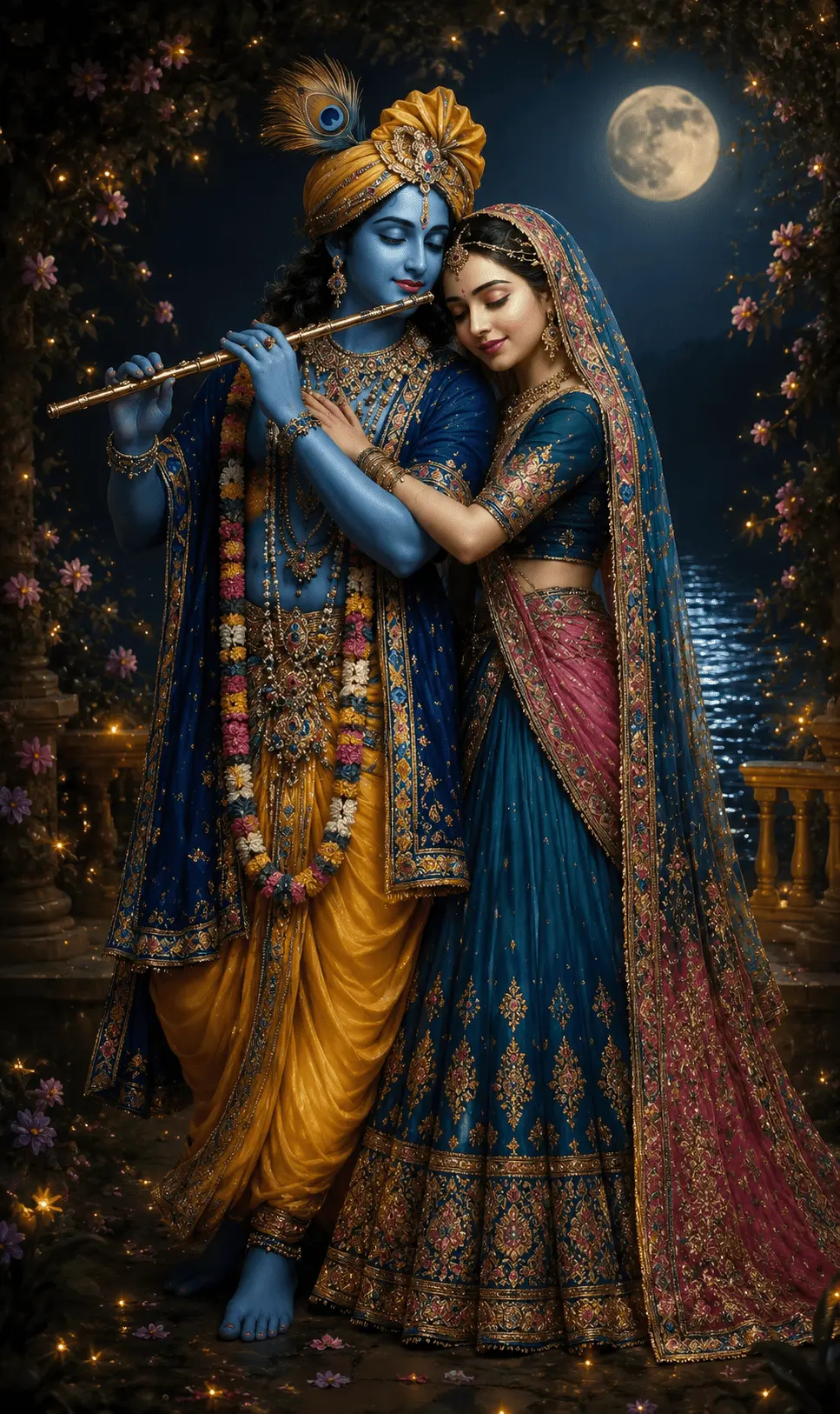 Radha and Lord Krishna standing close together on a terrace at night, with a big full moon shining over the water in the background. Krishna, with his blue skin, is playing a golden flute while wearing a yellow dhoti, a blue jacket, and a golden turban topped with a peacock feather. Radha is leaning her head gently on his shoulder, holding his arm, and wearing a royal blue and pink lehenga with beautiful gold embroidery.