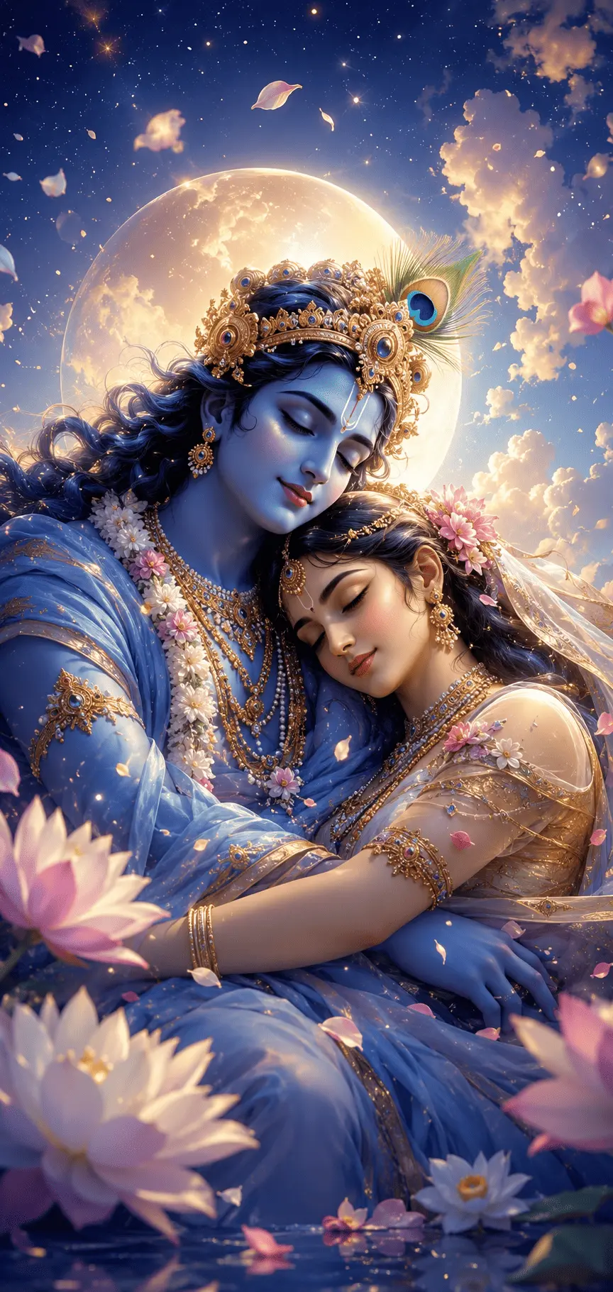 Radha and Krishna embracing tenderly under a massive glowing full moon, surrounded by white lotuses in the water