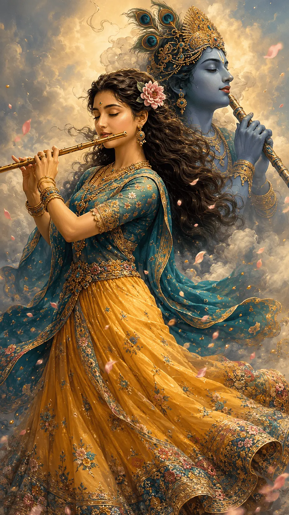 "Radha ji ek sundar peele aur neele lehenga mein sunehri bansuri baja rahi hain, jabki background mein baadlon ke beech Lord Krishna ka mor-pankh wala chehra ek parchhai ki tarah ubhar raha hai. Hawa mein udti phoolon ki pankhudiyan is Janmashtami art ko ek sukoon bhara aur jaadui roop de rahi hain."