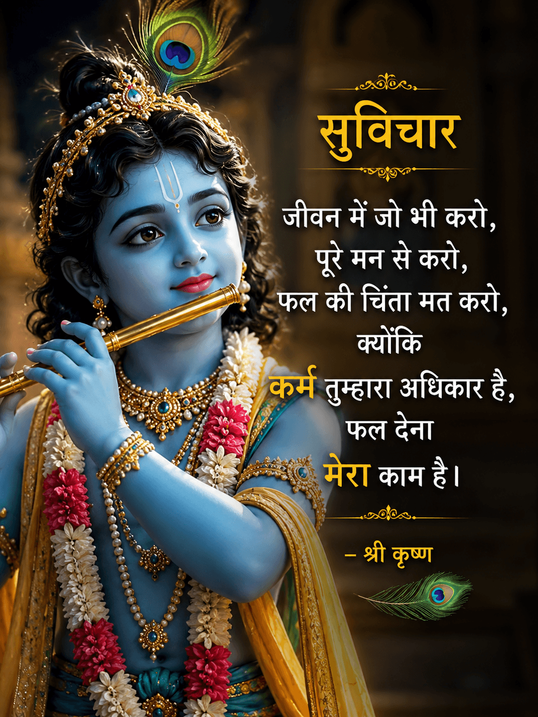 Bhagwan Shri Krishna ke bal roop ki ek sundar digital painting, jisme unhone haath mein baansuri pakdi hui hai. Right side mein Hindi mein 'Suvichar' likha hai, jo karma karne ka sandesh deta hai.
