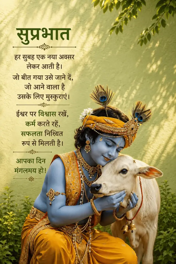 A beautiful devotional artwork of little Lord Krishna lovingly embracing a white cow while wearing a yellow dhoti, golden jewelry, and a peacock feather crown. A Hindi Good Morning motivational message appears beside Krishna against a soft light green wall with natural leaf shadows, creating a peaceful and spiritual Janmashtami atmosphere.