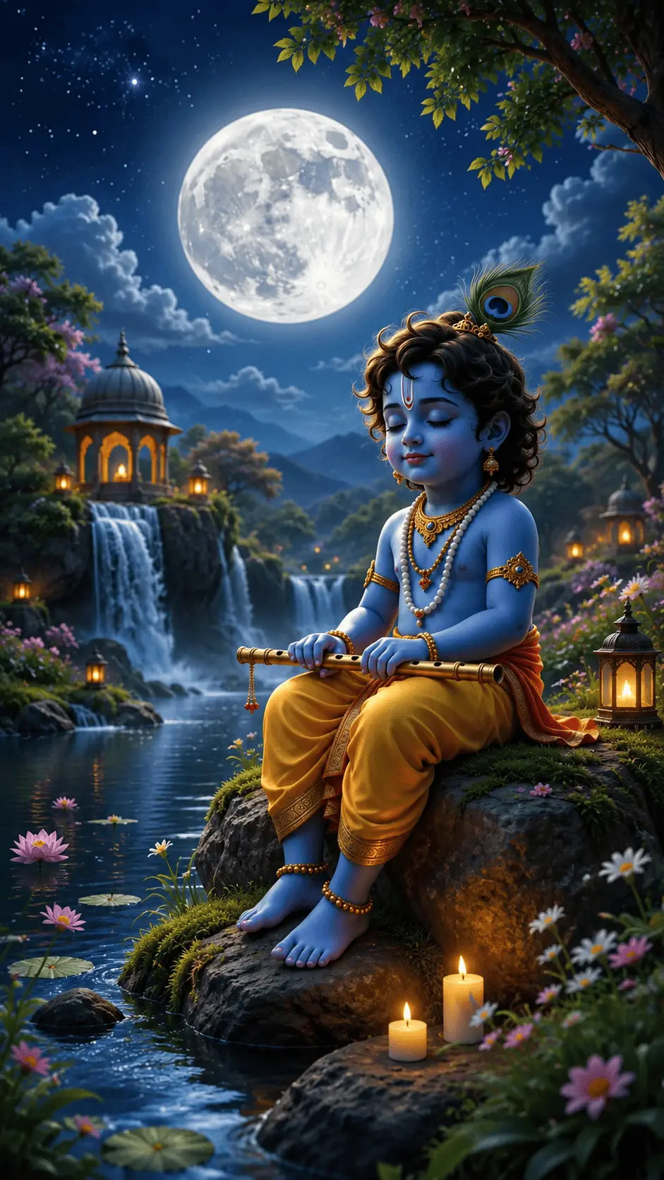 A peaceful blue-skinned child Krishna sits on a moss-covered rock beside a calm river at night, holding a golden flute. A large full moon shines in the starry sky while waterfalls, glowing temple lanterns, flowers, trees, mountains, and candles create a serene devotional atmosphere.