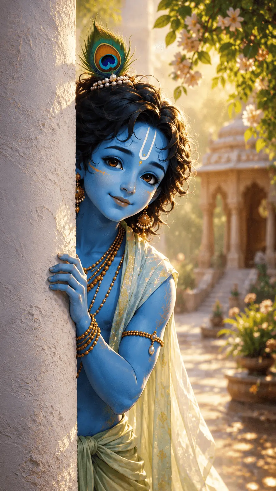 An adorable, young Lord Krishna with soft blue skin and big, expressive brown eyes peeks playfully from behind a white stone pillar inside a sunlit palace during Janmashtami celebrations.