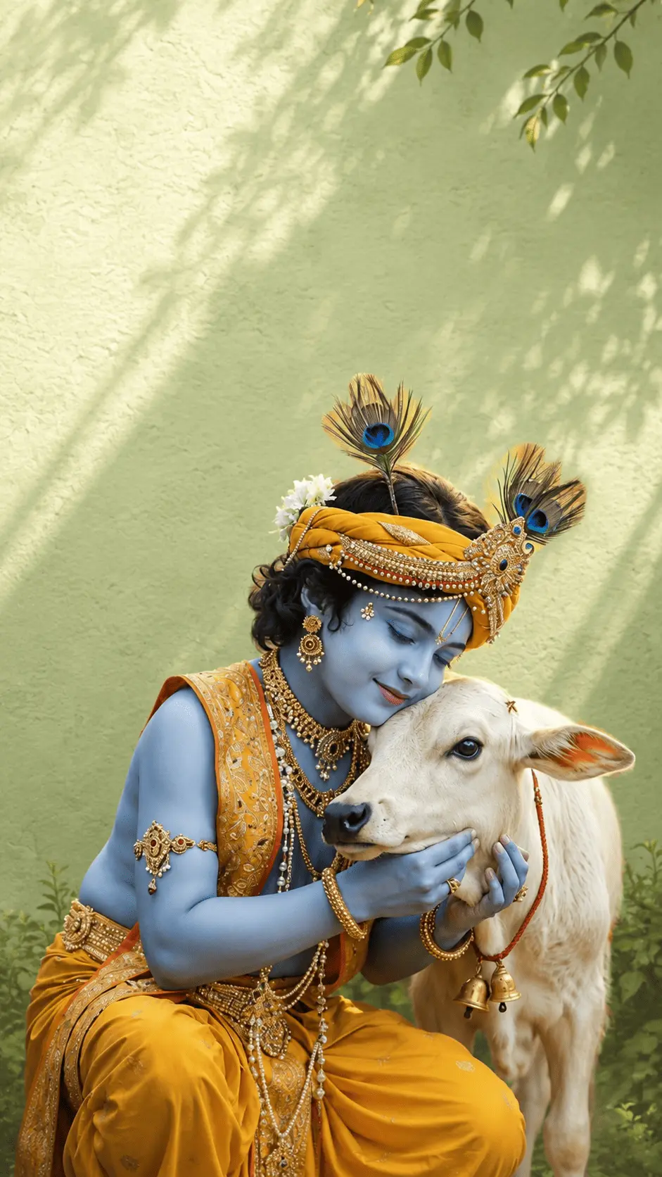 Little Krishna lovingly embraces a white cow while wearing a yellow traditional outfit, golden jewelry, and a peacock feather crown against a soft light green wall with natural leaf shadows. The peaceful devotional scene reflects love, kindness, and the spirit of Janmashtami.