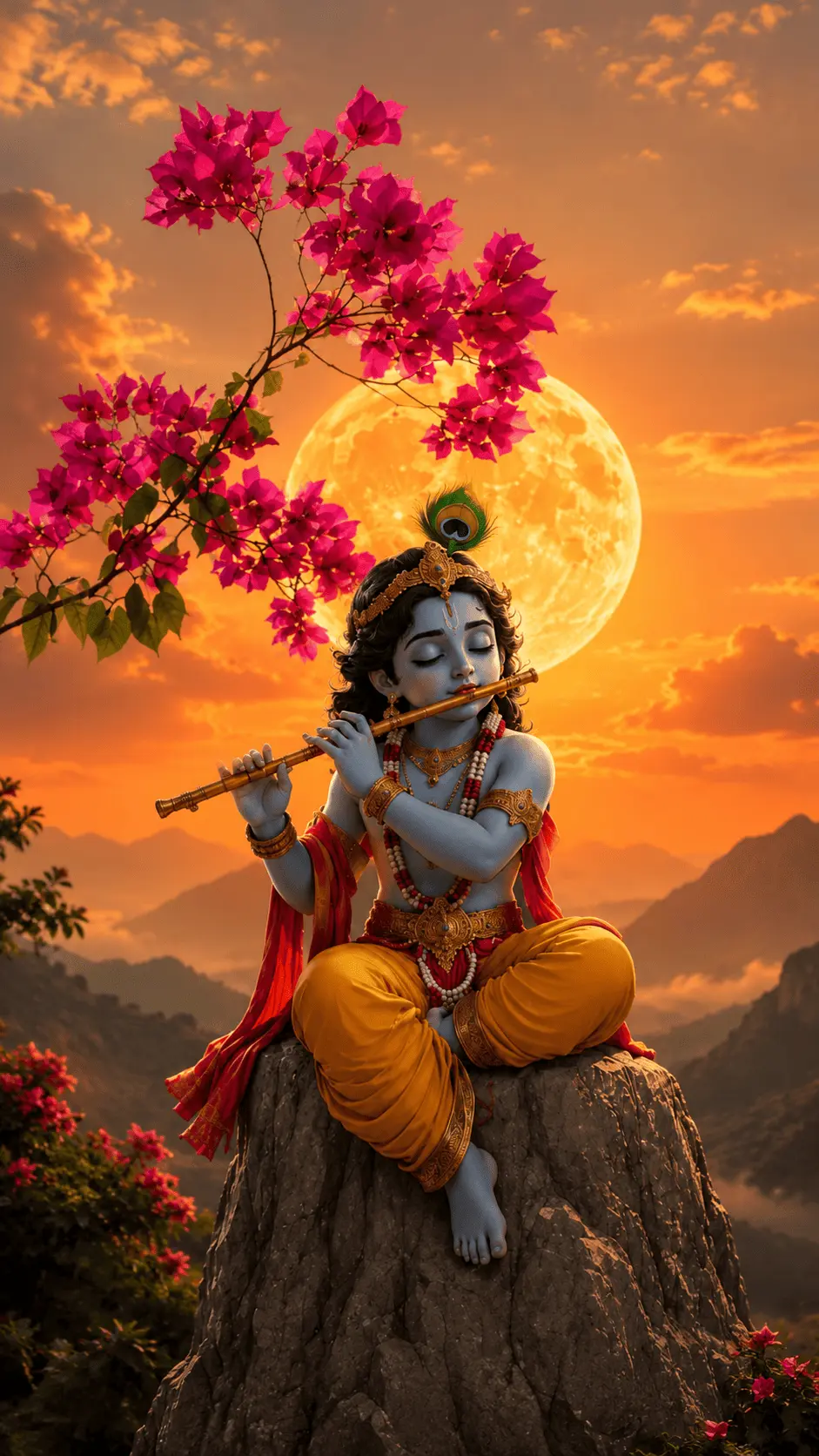 Little Krishna sits peacefully on a large rocky cliff while playing his golden flute beneath a glowing golden full moon. He has blue skin, curly dark hair, a peacock feather, golden ornaments, a yellow dhoti, and a red shawl. Bright pink flowers, distant mountains, and a warm orange sunset sky create a beautiful devotional atmosphere celebrating the spirit of Janmashtami.