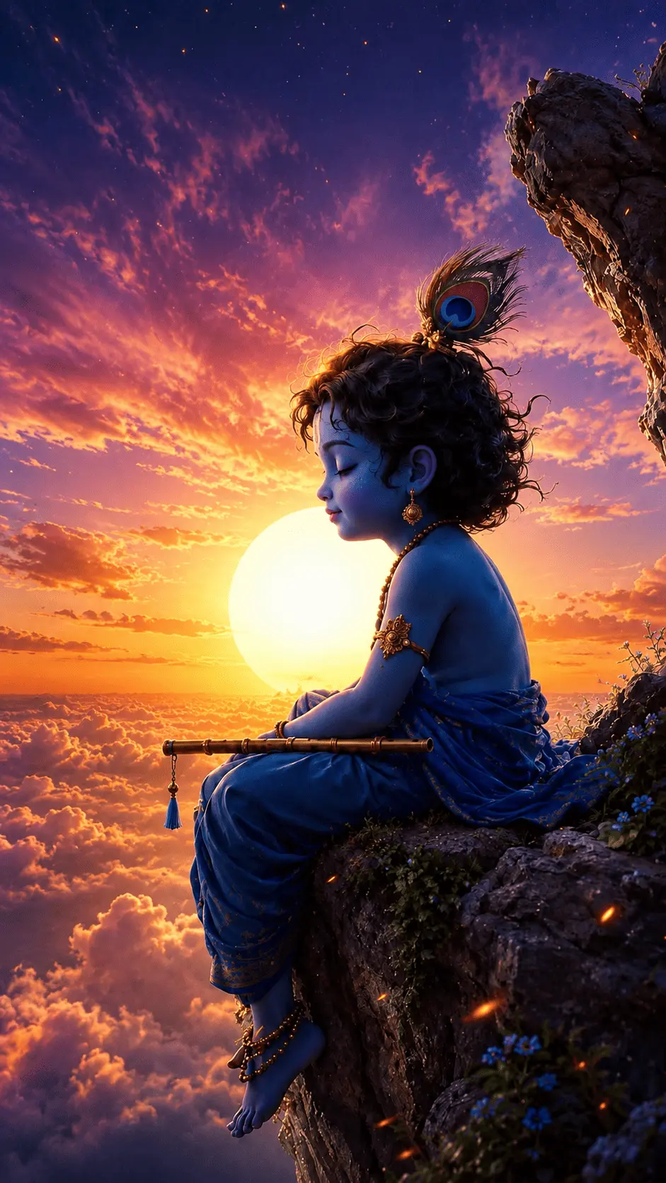 Little Krishna sits peacefully on a high rocky cliff above glowing clouds during a beautiful orange and purple sunset. He has blue skin, curly dark hair, a peacock feather, golden jewelry, and a flute resting beside him. The divine scene reflects peace, devotion, and the spiritual beauty of Janmashtami.