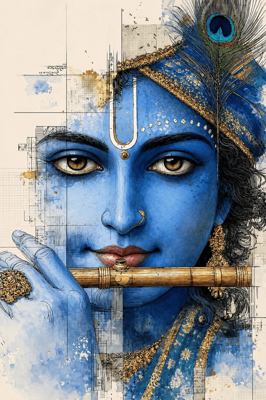 A vertical watercolor and sketch-style artwork focusing closely on the face of Lord Krishna, who is depicted with deep blue skin and intense, highly expressive eyes. He has a distinct white tilak on his forehead, holds a flute gently to his lips, and wears an elaborately decorated crown adorned with a beautiful peacock feather."