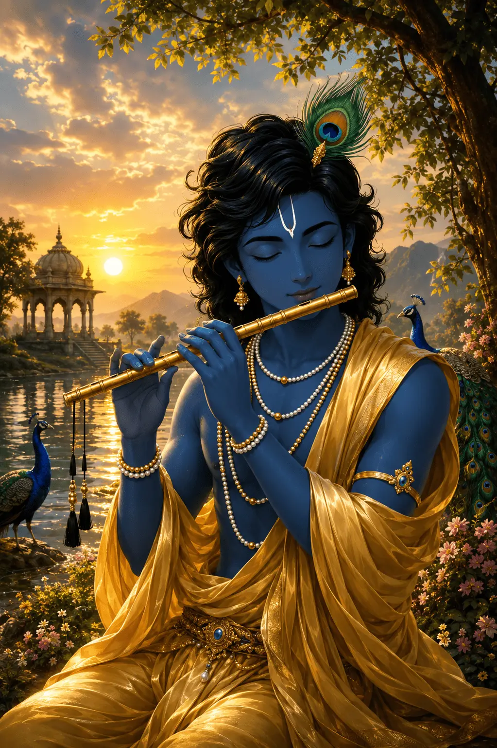 "A beautiful vertical digital painting of Lord Krishna, depicted with dark blue skin and peacefully closed eyes. He wears a glossy golden silk robe and elegant pearl necklaces while playing a golden flute by the riverside. The scene is set during a breathtaking Janmashtami sunset, with graceful peacocks and a serene temple completing the background."