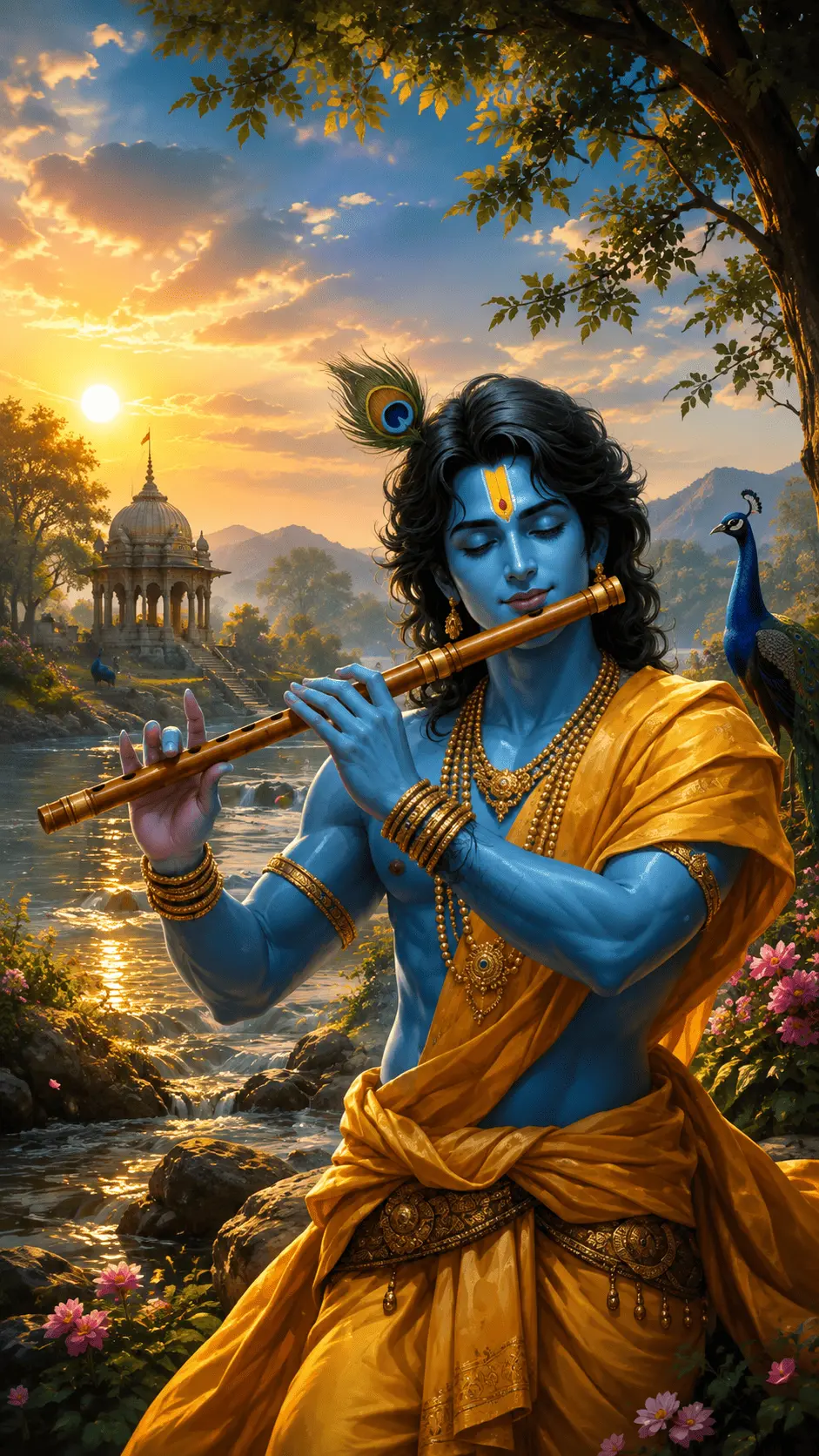 "A beautiful digital painting of Lord Krishna, depicted with vibrant blue skin and dressed in a traditional yellow dhoti with elegant gold ornaments. He stands peacefully by the banks of a flowing river, playing his flute. The background features a stunning golden sunset sky, with a serene temple and a graceful peacock enhancing the spiritual atmosphere."