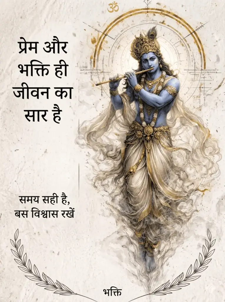 A vertical digital artwork of Lord Krishna with light blue skin, standing in a dynamic pose while playing a golden flute, surrounded by soft smoke, geometric circles, and elegant Hindi text on a textured, off-white background.