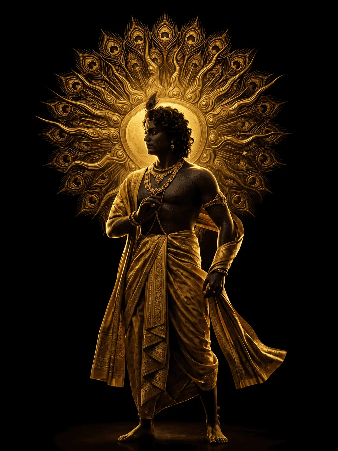A powerful side profile of Lord Krishna with dark skin, wearing a flowing golden dhoti and ornaments, standing against a majestic, radiant halo of golden peacock feathers on a black background.