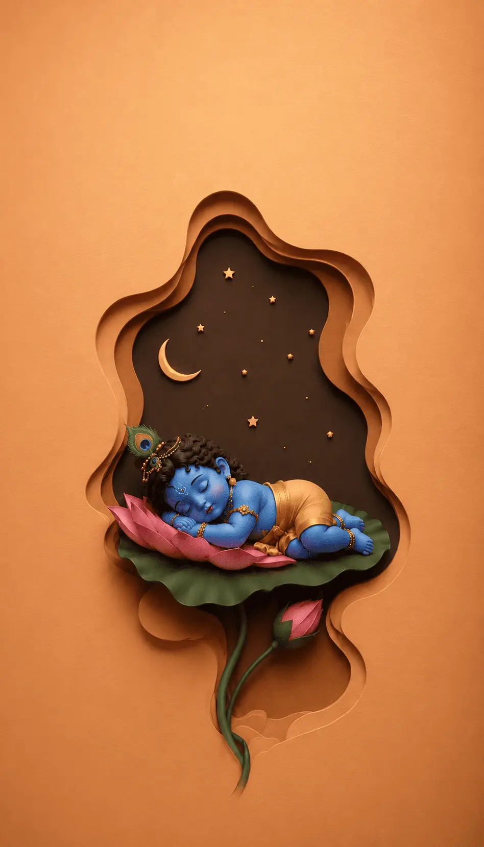 A peaceful blue-skinned baby Krishna sleeps gently on a pink lotus beneath a crescent moon and glowing stars. He wears golden ornaments, a peacock feather, and a golden cloth, surrounded by a dark artistic night-shaped frame against a warm orange background. The image reflects the innocence and divine beauty of Janmashtami.